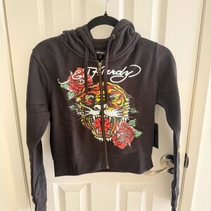 Ed Hardy Retro Tiger Zip Front Hoodie - Black